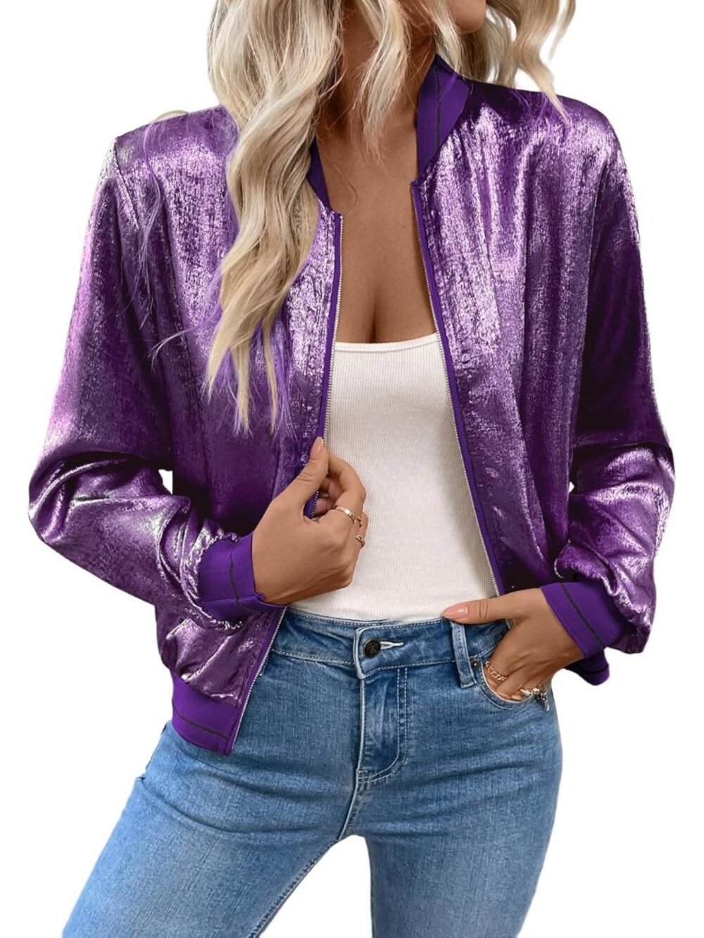 Women's Purple Metallic Zipper Bomber Disco Party Jackets Outwear Long Sleeve